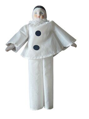 Vintage Pierrot Porcelain Doll With White Fabric Outfit & Lace Collar 12" Tall